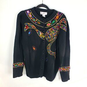 Women's Vintage 1980's Eddie Dassin Beaded Sequin Bow Button Up Cardigan Sz SM